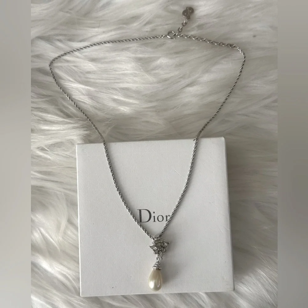 CHRISTIAN DIOR Pearl Rhinestone Silver Tone Necklace - Picture 2 of 7